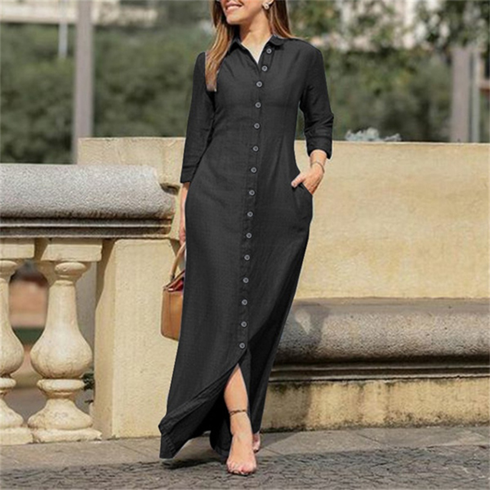thumbnail image 2 of Vestido informal de mujer, de denim liso, con cuello en V, manga larga, botones y bolsillos, de poliéster, 2 of 8